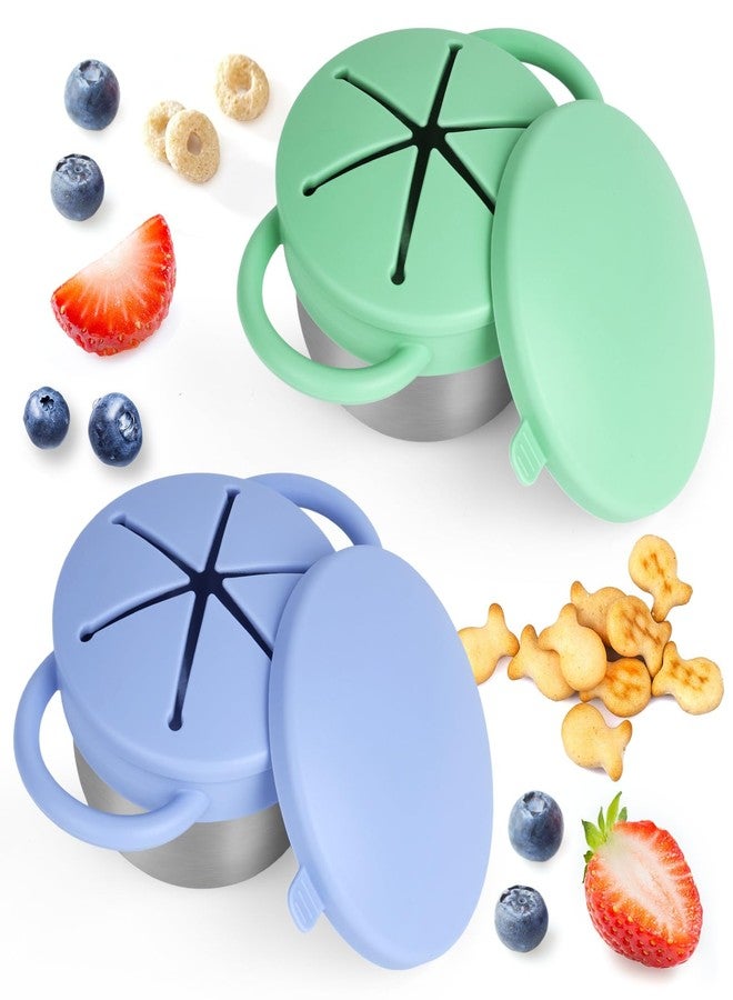 Daximo 2 Pack Snack Cups for Toddlers Spill Proof - Detachable Stainless Steel Toddler Snack Cups with Silicone Lids & Handles - Dishwasher Safe Baby Snack Containers for Mess-Free Snacking (Blue and Green) - Image 1