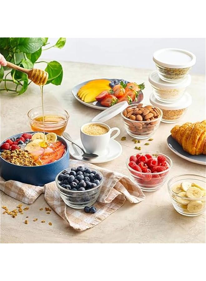 Arabest 16pc Set of Small Glass Bowls with Airtight Lids - 8oz Stackable Custard Cups - 8 Clear Mise en Place Food Prep Bouillon Cups & Mixing Bowls + 8 Lids for Sauces Dips, Nuts Oats, Candy Dessert, Cereal.  - Image 5