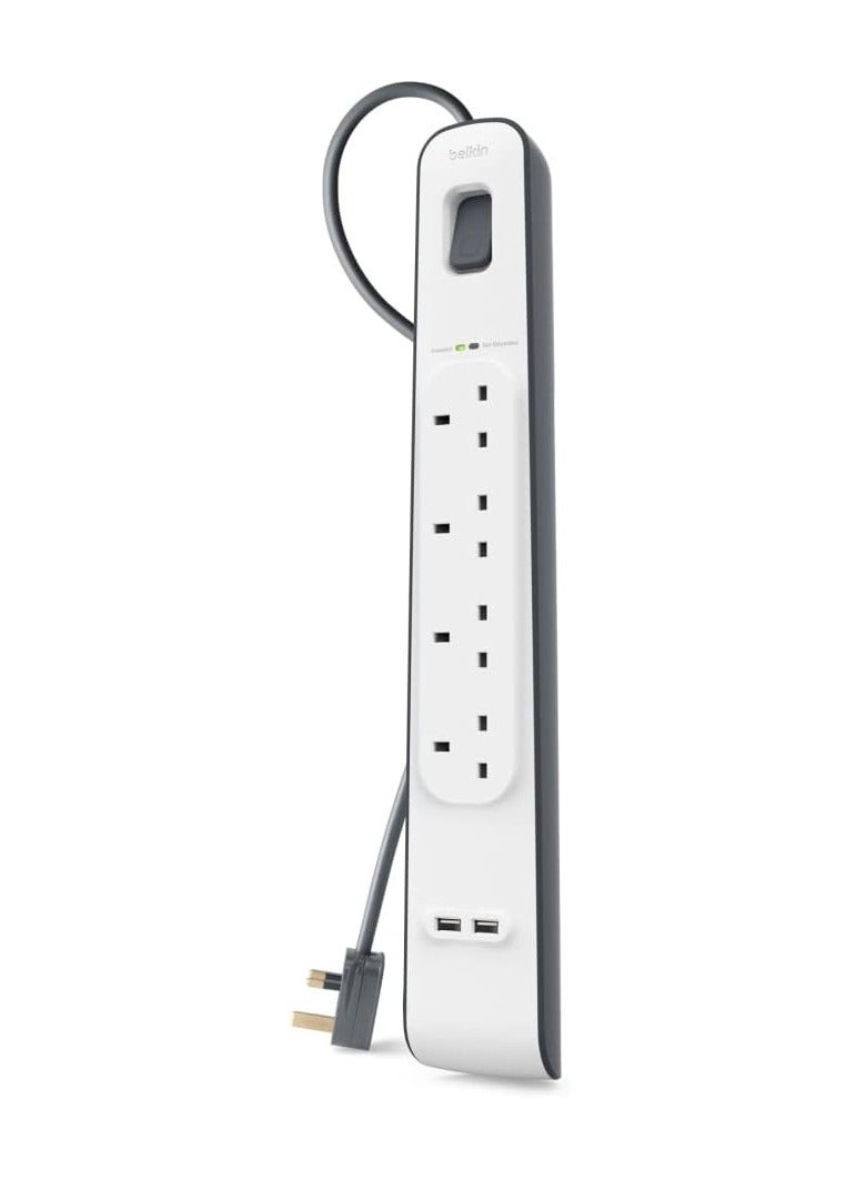 belkin Belkin 4 Way/4 Plug Surge Protection Strip With 2 Meters Cord Length - Heavy Duty Electrical Extension Socket With 2 X 2.4 A Shared Usb Ports  - Image 1