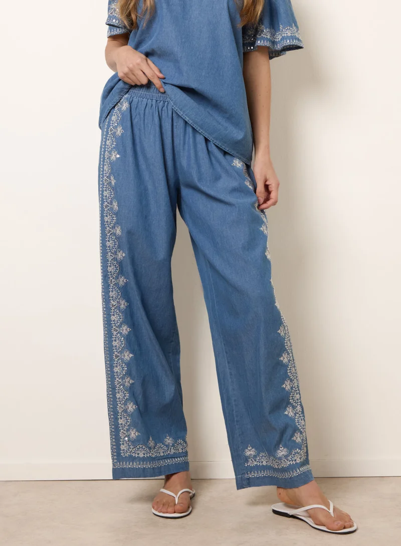 Blue Vanilla Floral Embroidery Wide-Leg Trousers
