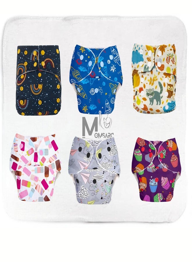 MOMSARC Leakage-Proof Reusable Cloth Diapers for Babies | High-Absorbent Diapers with Bamboo Cotton + 6 Insert Pads | Washable, Adjustable, Free Size | Eco-Friendly Baby Nappies (Combo Pack 6) - Image 1