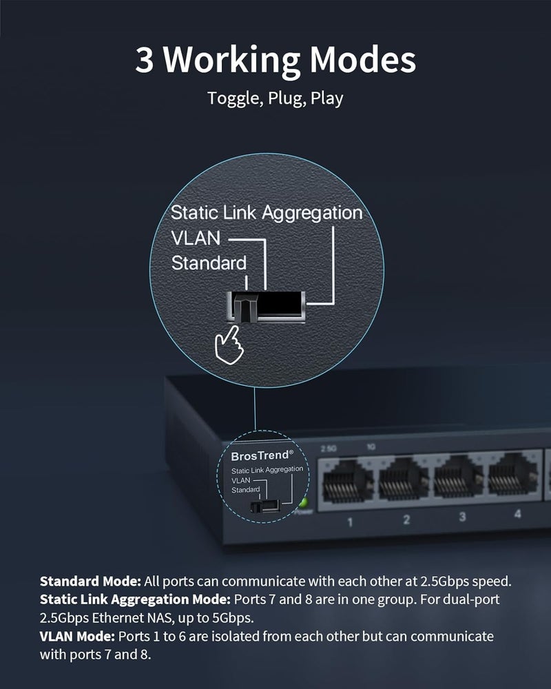 BrosTrend 8 Port 2.5Gb Switch, Unmanaged Network Switch Supports Static Link Aggregation & VLAN Ideal for Gaming NAS PC, Ethernet Splitter Plug & Play Fanless Desktop / Wall Mount, Lifetime Protection - Image 4