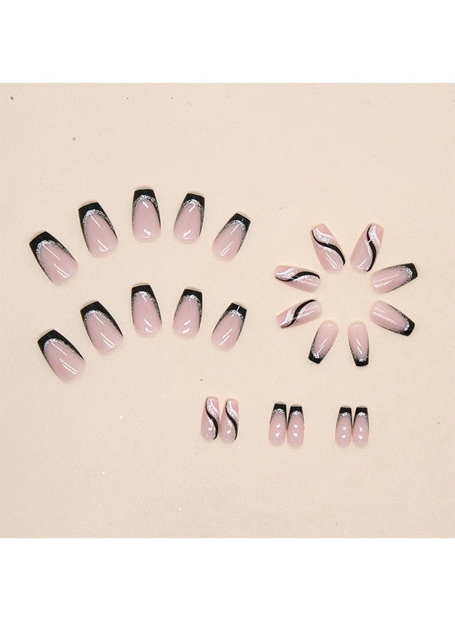 أظافر صناعية قابلة للضغط متوسطة الحجم، مربعة، بنهاية فرنسية، مع لاصق هلامي، وتلألؤ دوامي، سوداء، تغطية كاملة، أظافر مزيفة قابلة للضغط للنساء والفتيات - 24 قطعة - Image 3