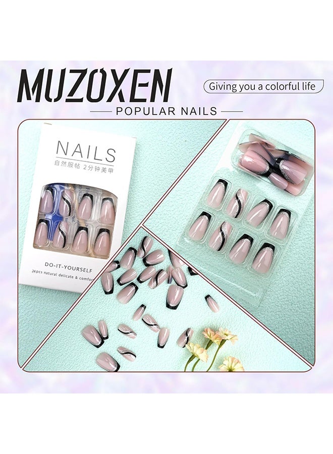 أظافر صناعية قابلة للضغط متوسطة الحجم، مربعة، بنهاية فرنسية، مع لاصق هلامي، وتلألؤ دوامي، سوداء، تغطية كاملة، أظافر مزيفة قابلة للضغط للنساء والفتيات - 24 قطعة - Image 2