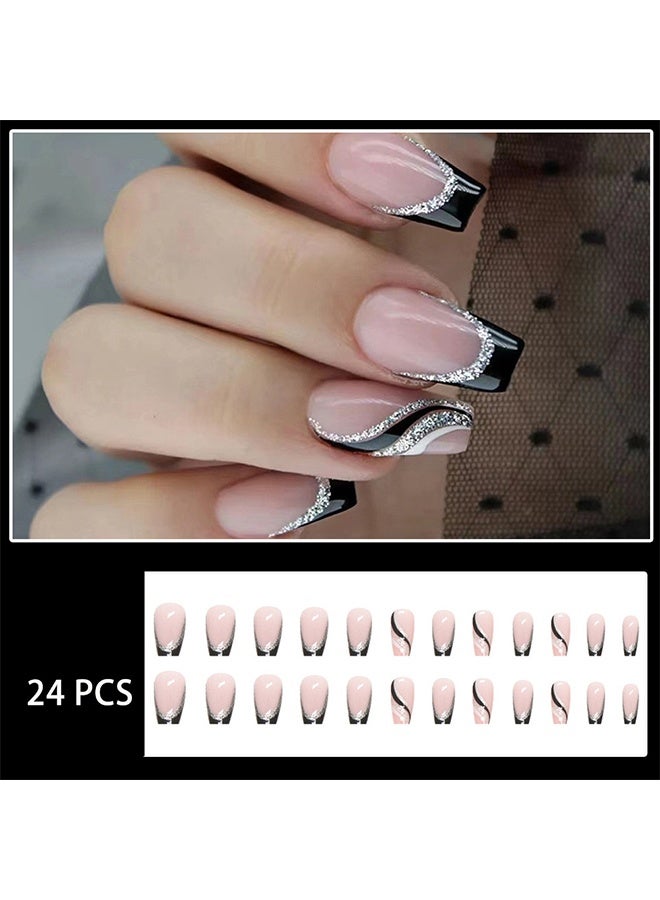 أظافر صناعية قابلة للضغط متوسطة الحجم، مربعة، بنهاية فرنسية، مع لاصق هلامي، وتلألؤ دوامي، سوداء، تغطية كاملة، أظافر مزيفة قابلة للضغط للنساء والفتيات - 24 قطعة - Image 5