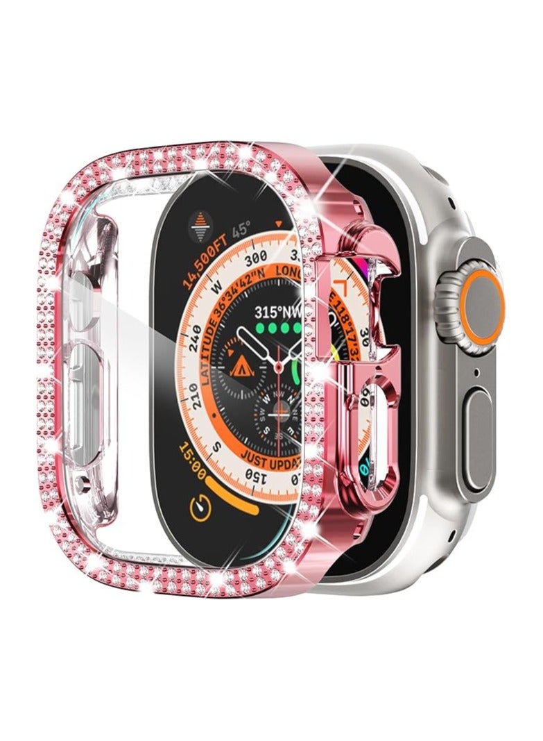 حافظة واقية متوافقة مع ساعة Apple Watch Series 7 مقاس 49 مم، غطاء مزدوج الصف من الكريستال اللامع والألماس، غطاء واقٍ مطلي بالبولي كربونات مع إطار ممتص للصدمات (وردي، 49 مم) - Image 1