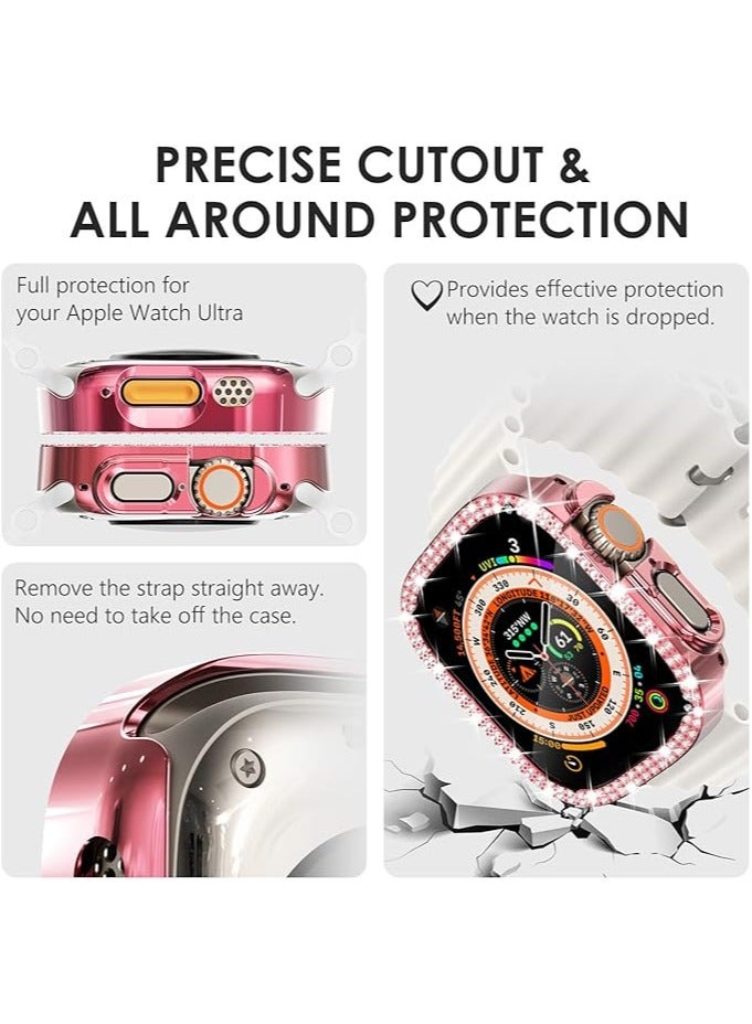 حافظة واقية متوافقة مع ساعة Apple Watch Series 7 مقاس 49 مم، غطاء مزدوج الصف من الكريستال اللامع والألماس، غطاء واقٍ مطلي بالبولي كربونات مع إطار ممتص للصدمات (وردي، 49 مم) - Image 2