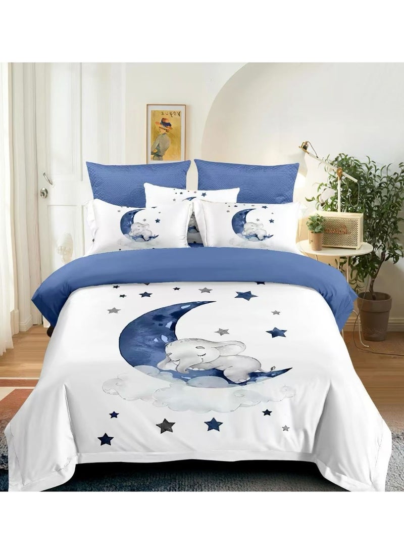 llwoo Single Size Bed Sheet Set with Duvet Cover, Fitted Sheet & 2 Pillowcases – Cute Sleeping Elephant on Moon & Stars Design – Soft & Cozy Bedding for Toddlers, Boys & Girls Bedroom Decor 