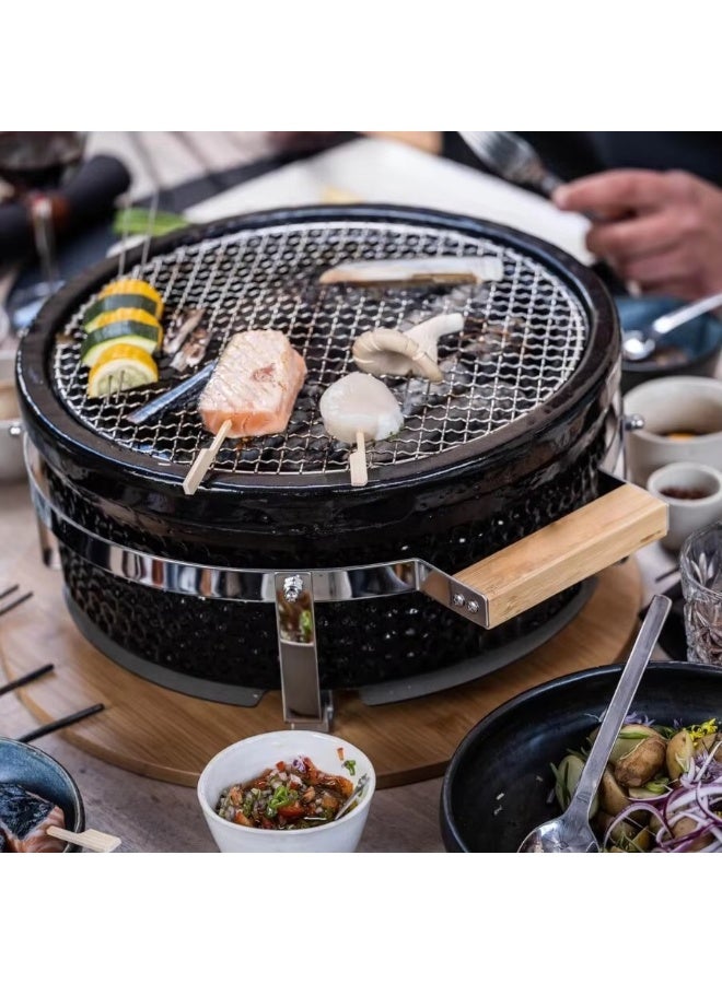 Taalk YAKINIKU 14″ Round Shichirin Teppanyaki & Hibachi Charcoal Grill – Portable Ceramic Table Grill for Yakiniku, BBQ, Camping & Outdoor Cooking (Black) - Image 2