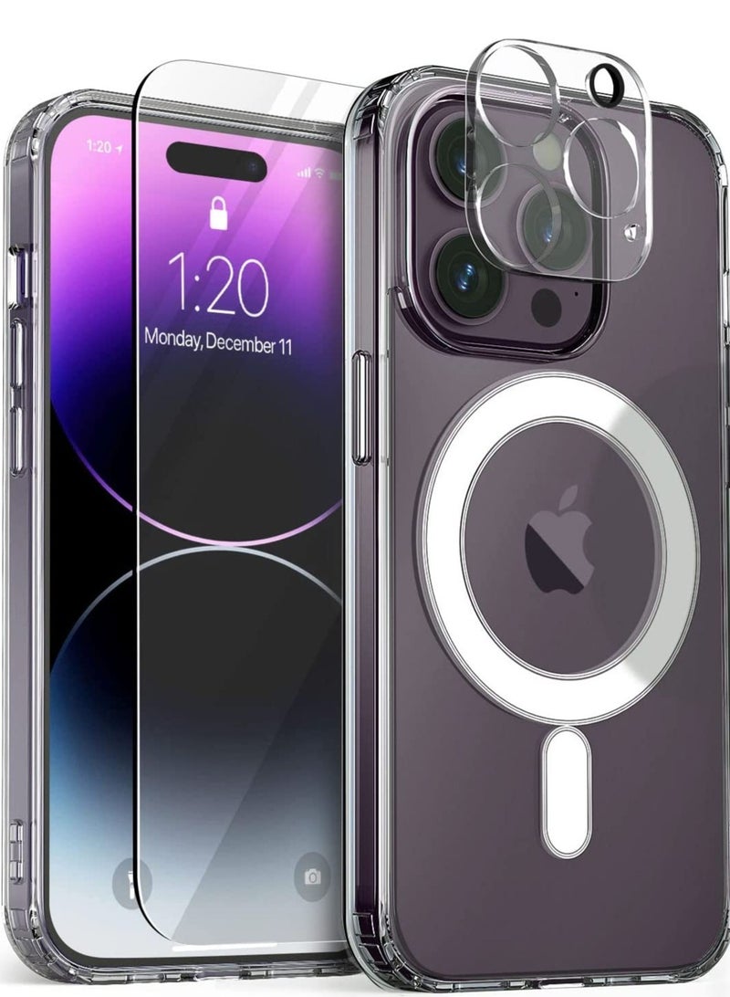إلترازون Design Crystal Mixx Magnetic designed for iPhone 14 PRO case cover compatible with MagSafe with Tempered Glass Screen Protector and Camera Lens Protector - Clear - Image 1