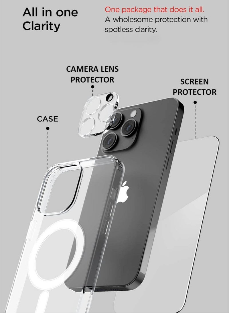 إلترازون Design Crystal Mixx Magnetic designed for iPhone 14 PRO case cover compatible with MagSafe with Tempered Glass Screen Protector and Camera Lens Protector - Clear - Image 5