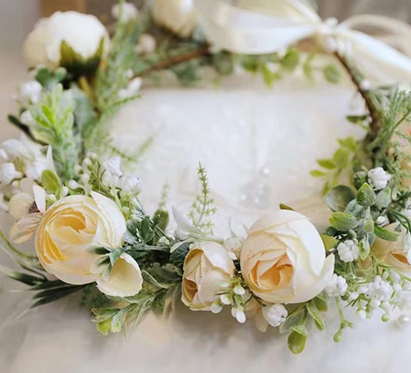 DreamLily Girls Camellias Flower Crown Birthday Photo Pops Hair Wreath Wedding Festival Floral Headpiece XM11 (A-Champagne) - Image 4
