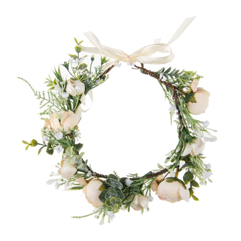 DreamLily Girls Camellias Flower Crown Birthday Photo Pops Hair Wreath Wedding Festival Floral Headpiece XM11 (A-Champagne) - Image 2