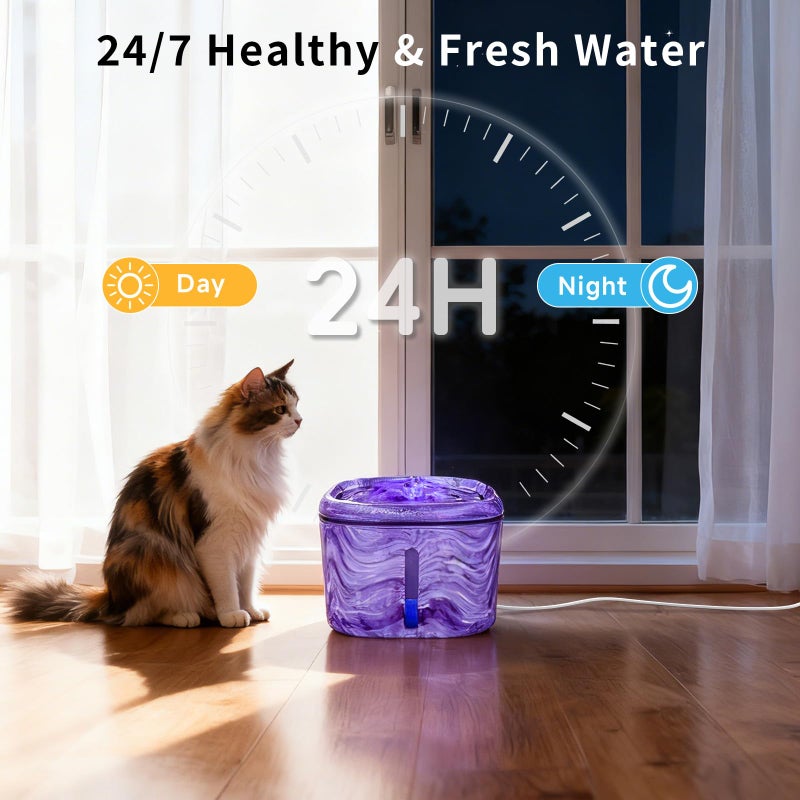 Ksuefao Cat Water Fountain Purple Cute: 84oz/2.5L Automatic Pet Water Fountain for Cats Indoor, Flower Kitty Spout Fountain & LED Blue Light, Upgraded Ultra Quiet Pump, Gifts for Cats, Dogs (2Filters) - Image 3