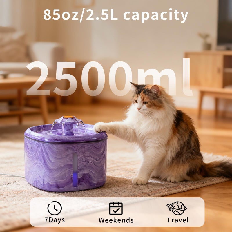 Ksuefao Cat Water Fountain Purple Cute: 84oz/2.5L Automatic Pet Water Fountain for Cats Indoor, Flower Kitty Spout Fountain & LED Blue Light, Upgraded Ultra Quiet Pump, Gifts for Cats, Dogs (2Filters) - Image 4