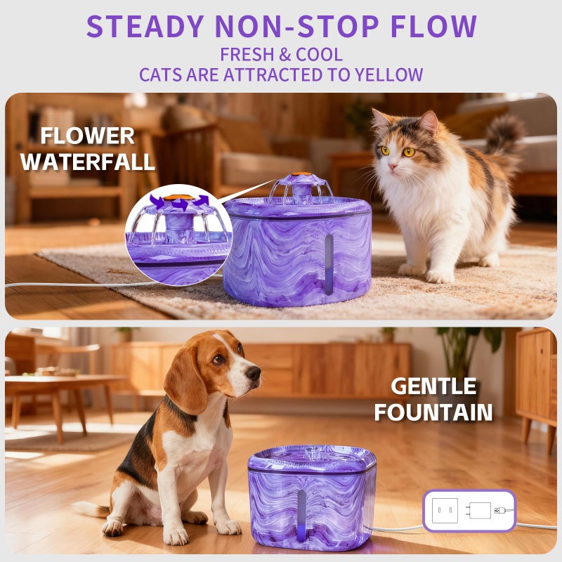 Ksuefao Cat Water Fountain Purple Cute: 84oz/2.5L Automatic Pet Water Fountain for Cats Indoor, Flower Kitty Spout Fountain & LED Blue Light, Upgraded Ultra Quiet Pump, Gifts for Cats, Dogs (2Filters) - Image 2