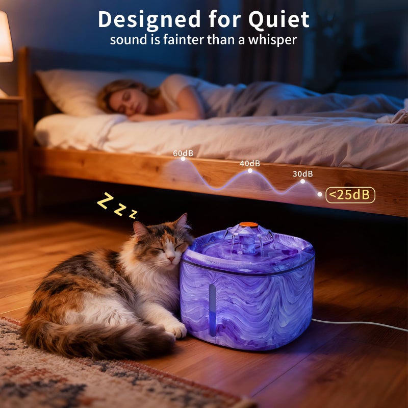 Ksuefao Cat Water Fountain Purple Cute: 84oz/2.5L Automatic Pet Water Fountain for Cats Indoor, Flower Kitty Spout Fountain & LED Blue Light, Upgraded Ultra Quiet Pump, Gifts for Cats, Dogs (2Filters) - Image 5