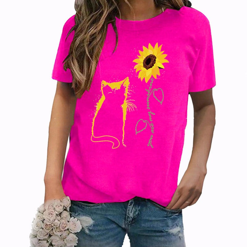 Wish Independent Station Cat Sunflower Pattern Printed Short Sleeve T-Shirt Women - Image 1