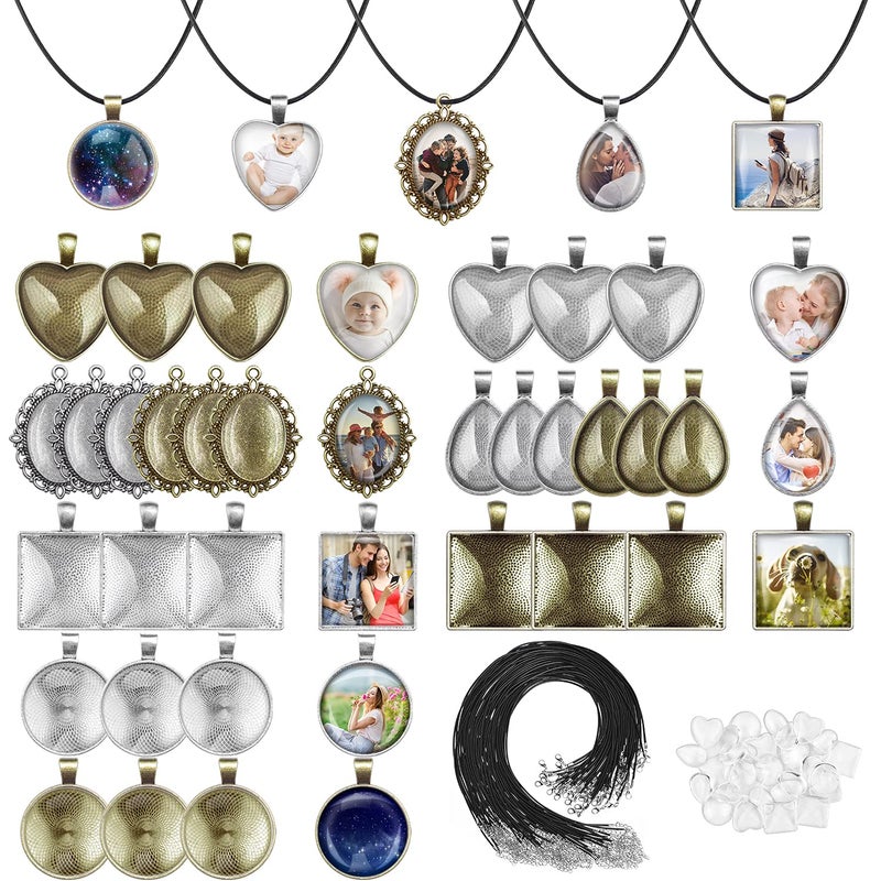 Anezus 90pcs Pendants Trays Set for Jewelry Making Including 30pcs Bezel Blanks 30pcs Glass Cabochons and 30pcs Necklaces Cords for Necklace Making
