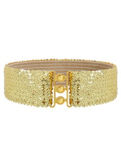 Gold Sequin Elastic Wide Belts For Women Sparkly Glitter Stretch Disco Belt For Dresses 70S 80S Costume Party