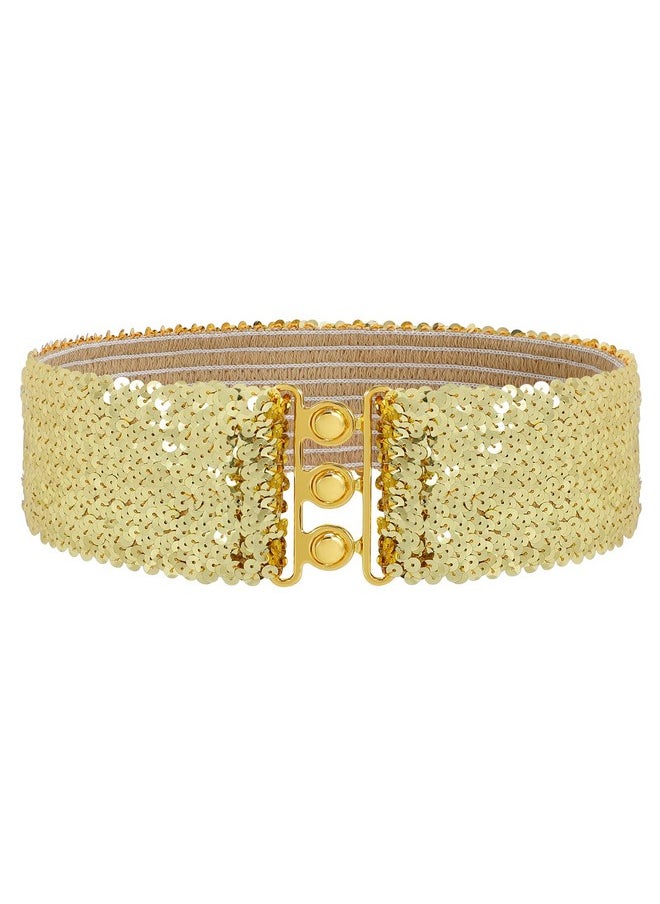 Suosdey - Gold Sequin Elastic Wide Belts For Women Sparkly Glitter Stretch Disco Belt For Dresses 70S 80S Costume Party - Image 1