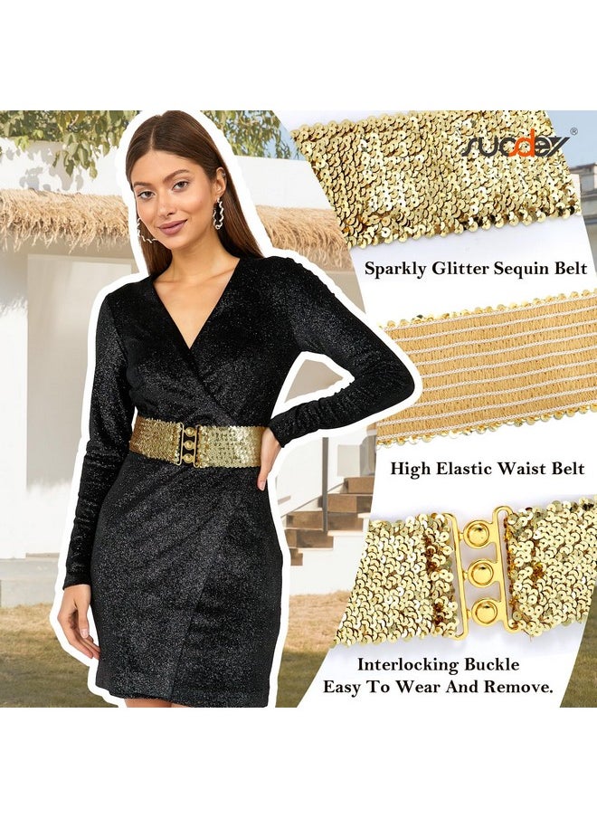 Suosdey - Gold Sequin Elastic Wide Belts For Women Sparkly Glitter Stretch Disco Belt For Dresses 70S 80S Costume Party - Image 1