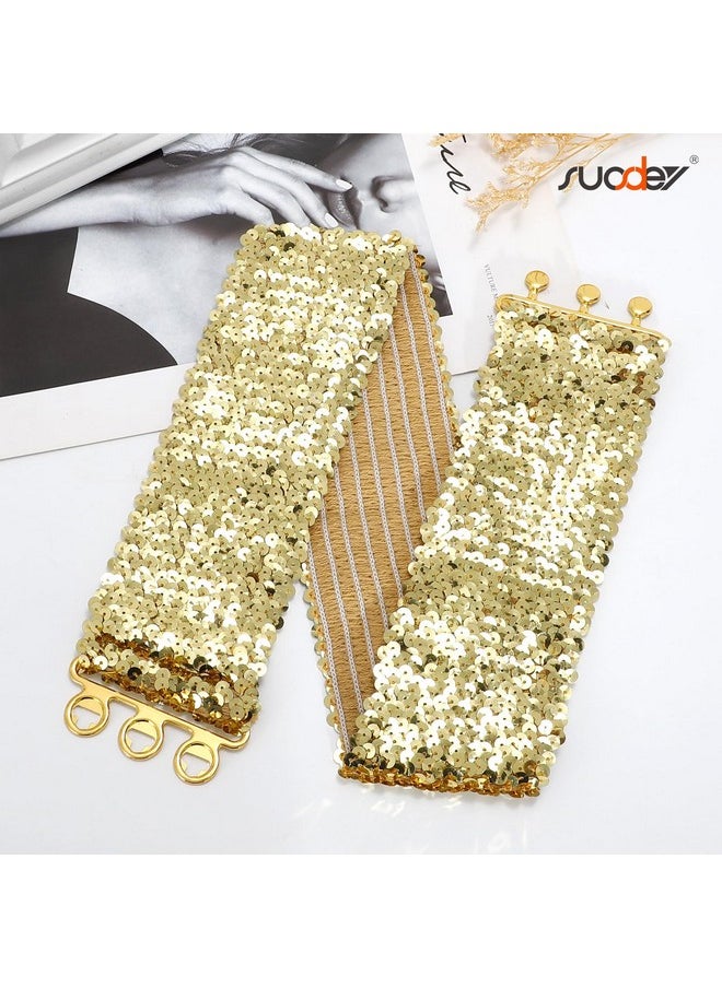 Suosdey - Gold Sequin Elastic Wide Belts For Women Sparkly Glitter Stretch Disco Belt For Dresses 70S 80S Costume Party - Image 1