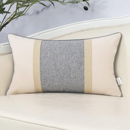 Yangest Patchwork Pillow Cover 12x20 Inch Luxury Cotton and Linen Cushion Cover Rectangle Pillowcover for Couch Bedroom Living Room,Gray - Image 1