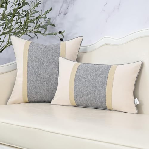 Yangest Patchwork Pillow Cover 12x20 Inch Luxury Cotton and Linen Cushion Cover Rectangle Pillowcover for Couch Bedroom Living Room,Gray - Image 5