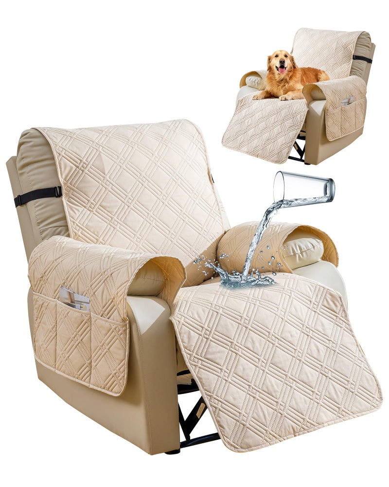 YUEANG Reversible Recliner Chair Cover, Waterproof Recliner Chair Covers with Pocket Washable Reclining Chair Cover Furniture Protector for Kids, Pets (23.6'', Cream) - Image 1