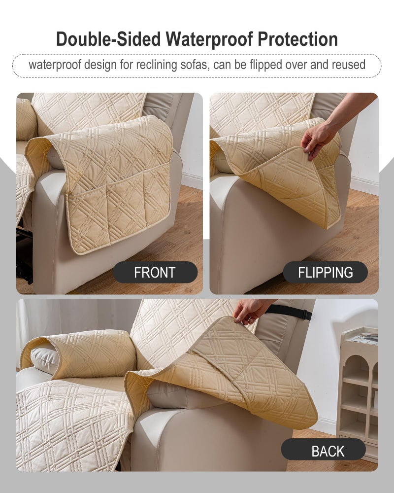 YUEANG Reversible Recliner Chair Cover, Waterproof Recliner Chair Covers with Pocket Washable Reclining Chair Cover Furniture Protector for Kids, Pets (23.6'', Cream) - Image 3