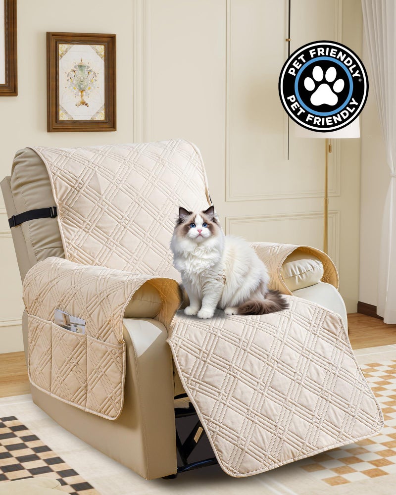 YUEANG Reversible Recliner Chair Cover, Waterproof Recliner Chair Covers with Pocket Washable Reclining Chair Cover Furniture Protector for Kids, Pets (23.6'', Cream) - Image 2