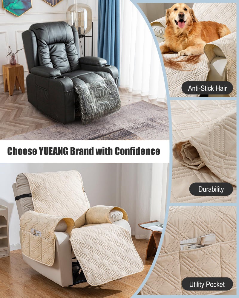 YUEANG Reversible Recliner Chair Cover, Waterproof Recliner Chair Covers with Pocket Washable Reclining Chair Cover Furniture Protector for Kids, Pets (23.6'', Cream) - Image 4