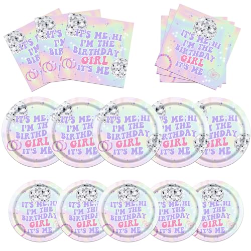 TEMYAXU Iridescent Its Me Hi Im The Birthday Girl Tableware 60 Pcs Music Decorations Includes Plates and Napkins for 20 Guests - Image 1