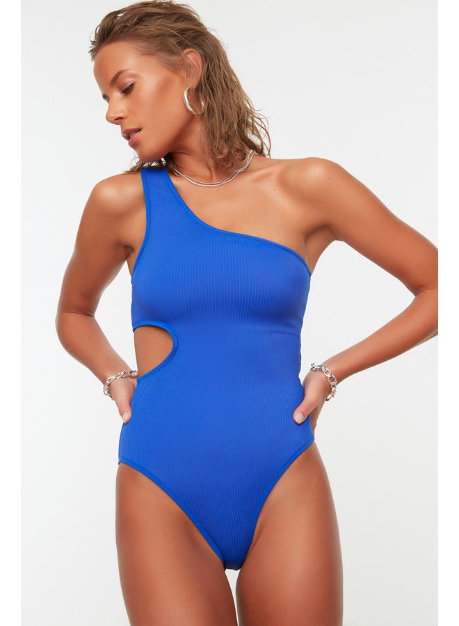 Saxe Blue One Shoulder Cut Out/Windowed Textured Regular Swimsuit TBESS22MA0064