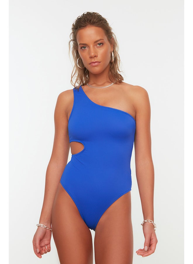 Saxe Blue One Shoulder Cut Out/Windowed Textured Regular Swimsuit TBESS22MA0064