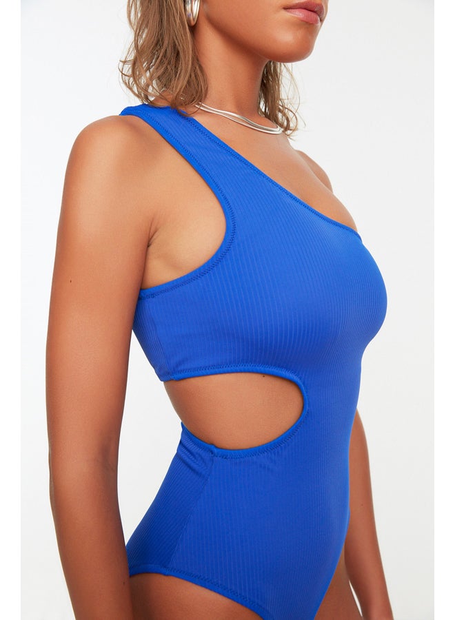 Saxe Blue One Shoulder Cut Out/Windowed Textured Regular Swimsuit TBESS22MA0064