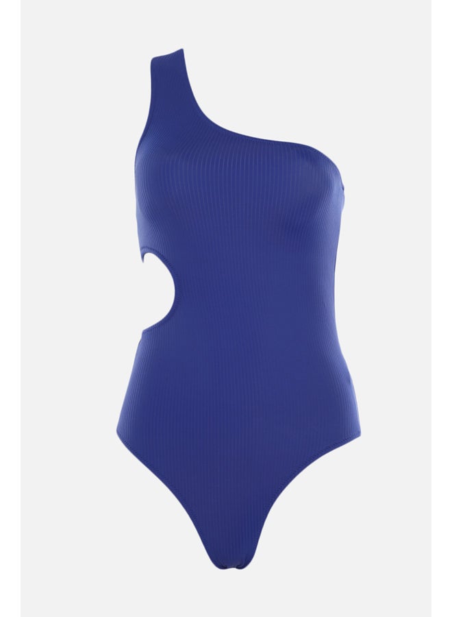 Saxe Blue One Shoulder Cut Out/Windowed Textured Regular Swimsuit TBESS22MA0064
