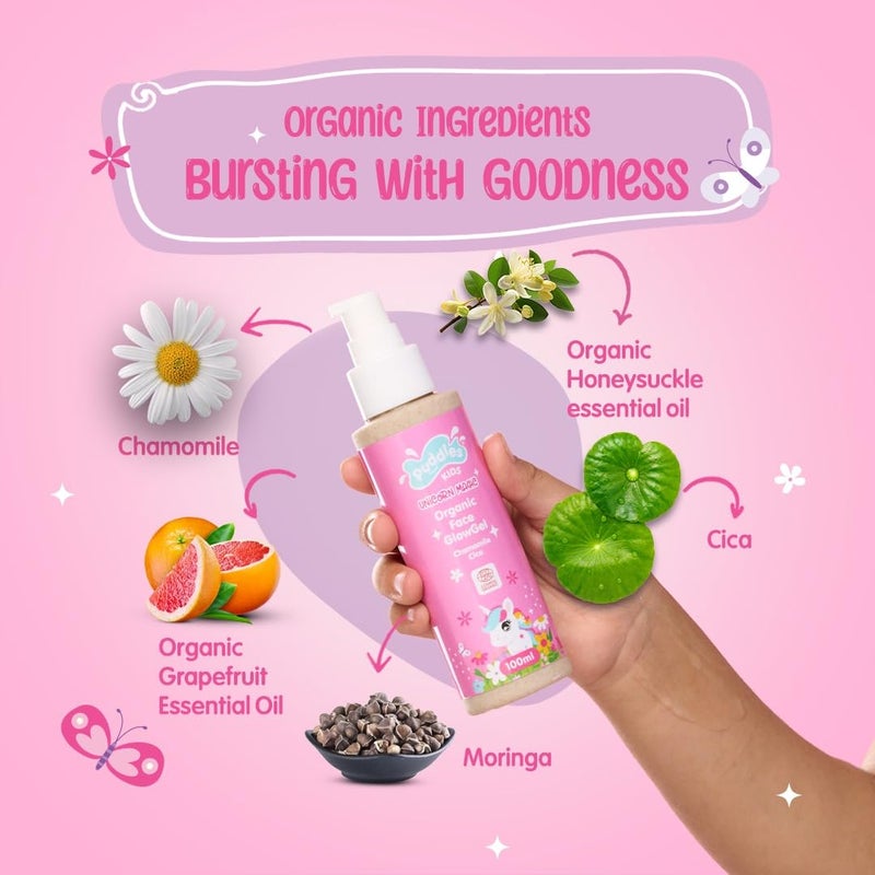 Puddles Kids Unicorn Magic Face GlowGel (100 ml) | Organic Chamomile, Cica & Grapefruit Oil | For Kids Age 2+ | Hydrates, Nourishes & Adds Natural Glow | Sulphate & Paraben Free | Dermatologist-Tested - Image 2