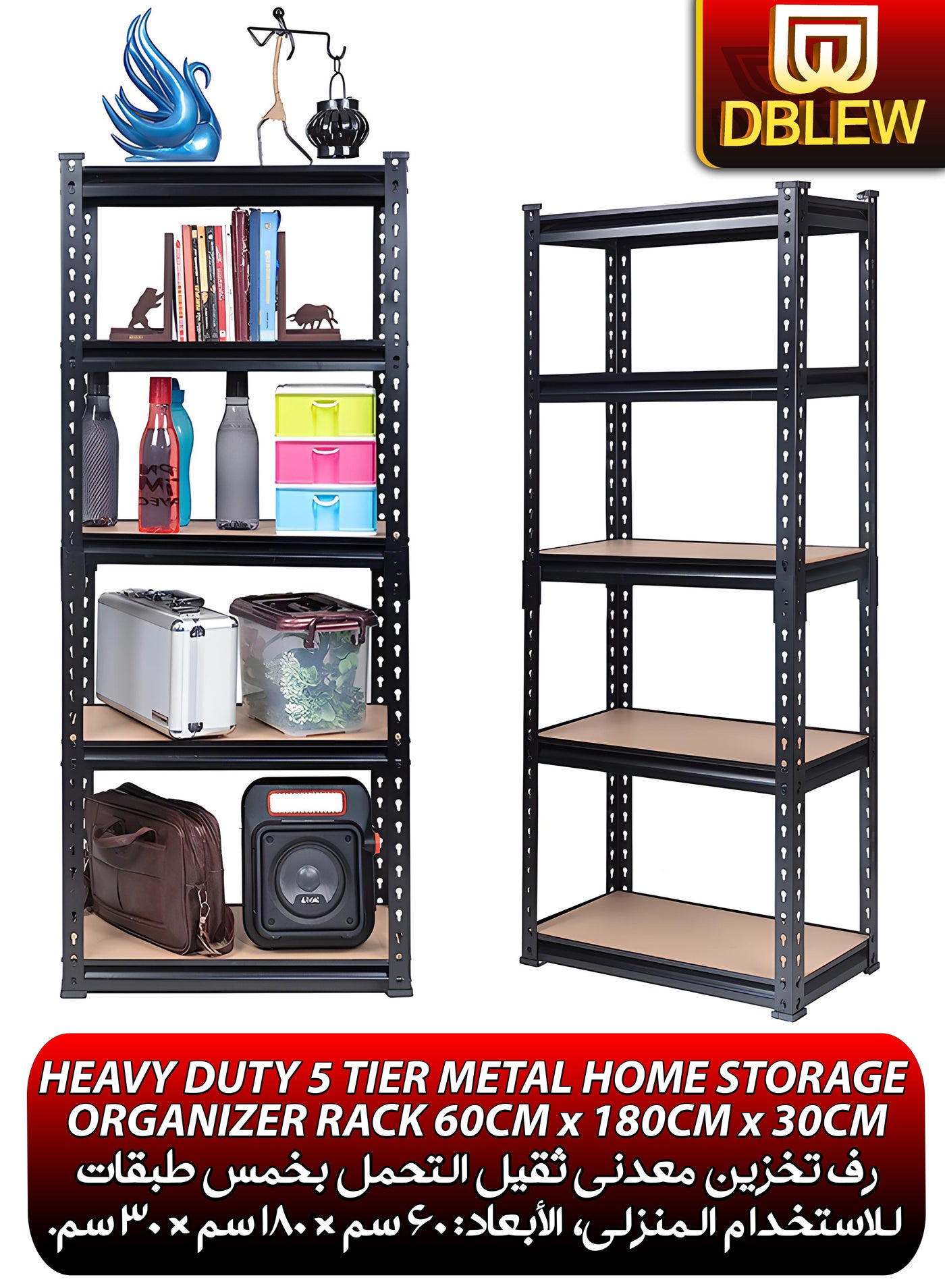Adjustable 5 Layer Metal Rack Shelf Heavy Duty 5 Tier Shelving Unit Storage Organizer Boltless Utility Display Rack Tool and Equipment Shelf for Garage Home Office Kitchen Bathroom Warehouse Includes Rubber Hammer 60x180x30cm