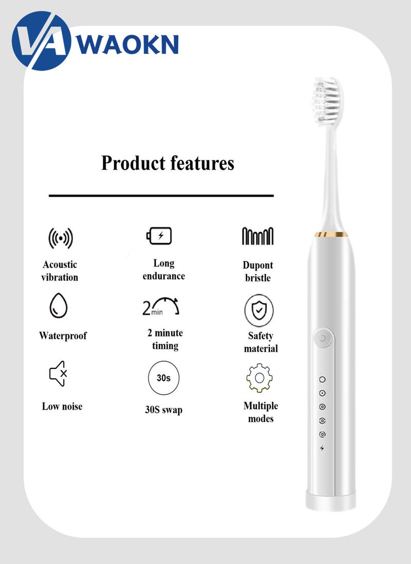 WAOKN Rechargeable Sonic Electric Toothbrush High-frequency Vibration IPX7 Waterproof Power Toothbrush 6 Modes Adjustable and Smart Electric Toothbrush with 4 Detachable Soft-bristle Brush Heads - Image 2
