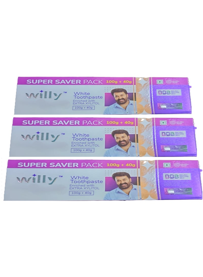 Willy White Toothpaste Enriched with Extra Xylitol 100g+40g – Pack of 3 Offer Pack - Image 1