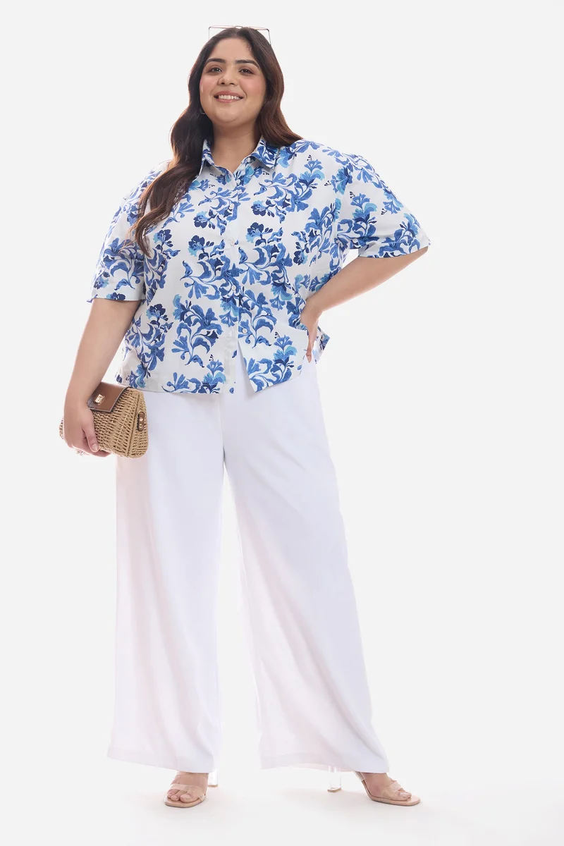 فيرجيو Floral Cotton Relaxed Boxy Fit Cropped Plus Size Shirt for Women
