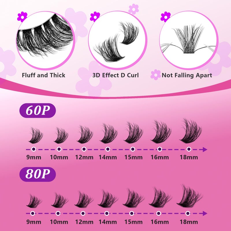 Himirell Lash Cluster 280 Pcs DIY Lash Clusters Extensions - 80D+60D Soft Wispy D Curl Eyelash Clusters for Home Makeup 9-18 mm Waterproof Cluster Eyelash Extensions - Image 3
