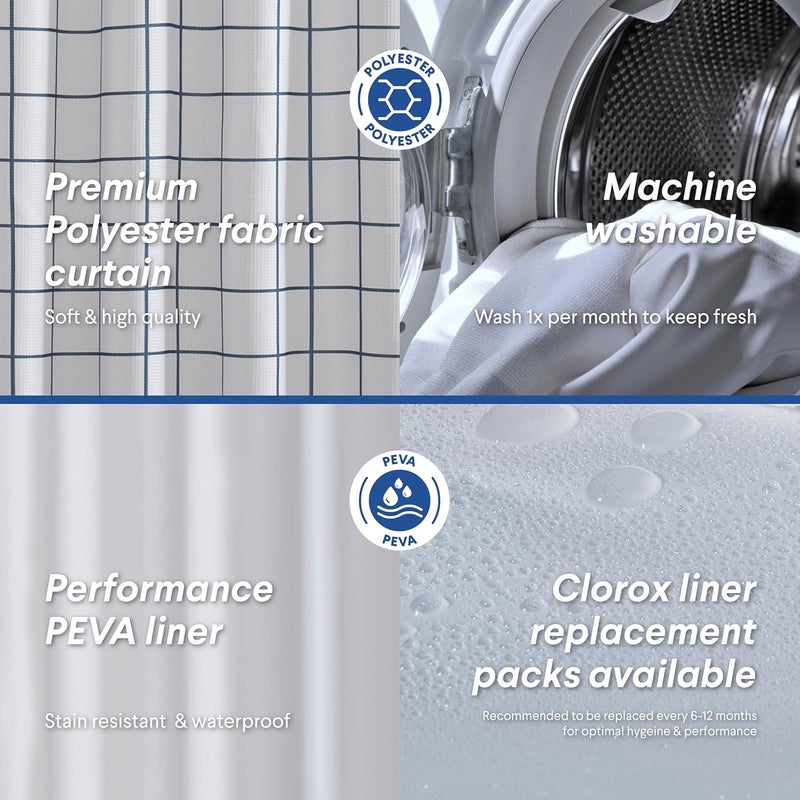 Clorox Bathroom Waffle Windowpane Pattern Shower Curtain with Waterproof Lightweight PEVA Liner Set, Standard Size, Metal Grommets, No Hooks 72" x 72" - 2 Pc Set - Navy Blue w Frosty PEVA - Image 3
