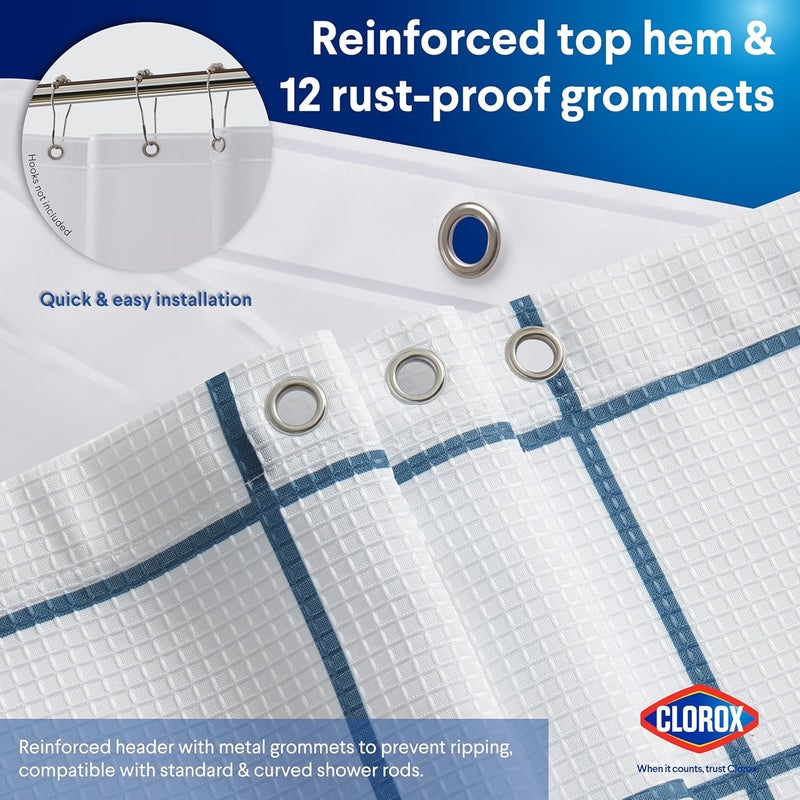 Clorox Bathroom Waffle Windowpane Pattern Shower Curtain with Waterproof Lightweight PEVA Liner Set, Standard Size, Metal Grommets, No Hooks 72" x 72" - 2 Pc Set - Navy Blue w Frosty PEVA - Image 5
