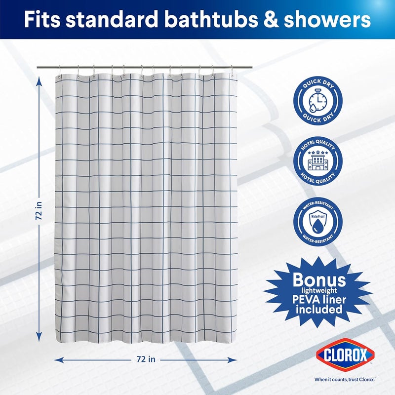Clorox Bathroom Waffle Windowpane Pattern Shower Curtain with Waterproof Lightweight PEVA Liner Set, Standard Size, Metal Grommets, No Hooks 72" x 72" - 2 Pc Set - Navy Blue w Frosty PEVA - Image 2