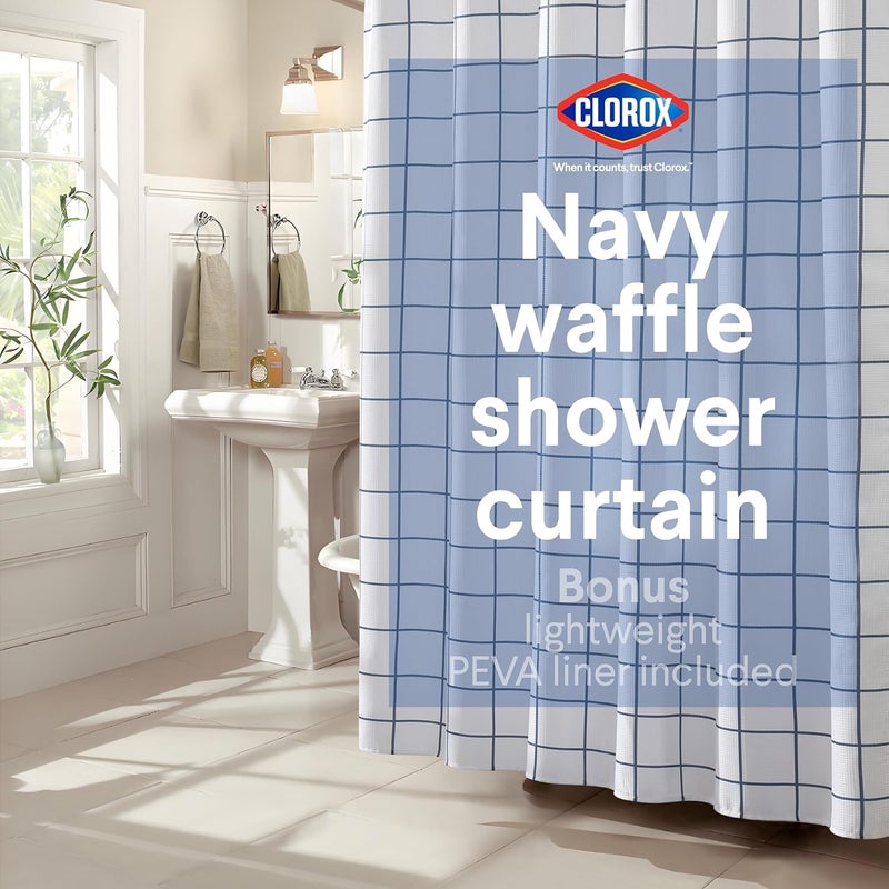Clorox Bathroom Waffle Windowpane Pattern Shower Curtain with Waterproof Lightweight PEVA Liner Set, Standard Size, Metal Grommets, No Hooks 72" x 72" - 2 Pc Set - Navy Blue w Frosty PEVA - Image 1