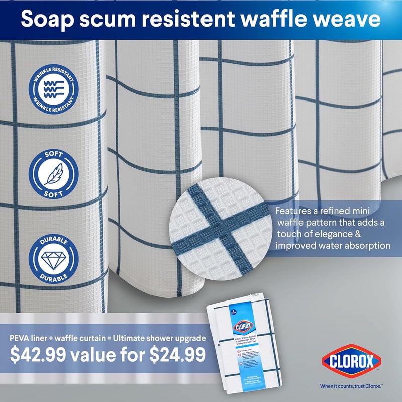 Clorox Bathroom Waffle Windowpane Pattern Shower Curtain with Waterproof Lightweight PEVA Liner Set, Standard Size, Metal Grommets, No Hooks 72" x 72" - 2 Pc Set - Navy Blue w Frosty PEVA - Image 4