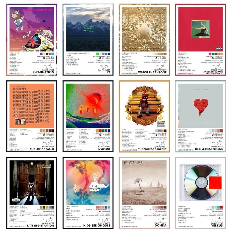 Thepaper9store Pack of 12 - Kanye West Music Album Art Wall Posters 8.2x11.8 inch Adhesive Tape Attached Wall Decor, Music Poster, Wall Art For Bedroom, Living room, Office (Kanye West) - Image 1